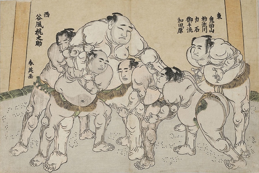 谷風梶之助の五人掛かり 勝川春英（1762～1819）画 1779年（安永8）頃